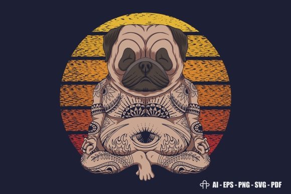 Yoga Pug Dog Sunset Retro